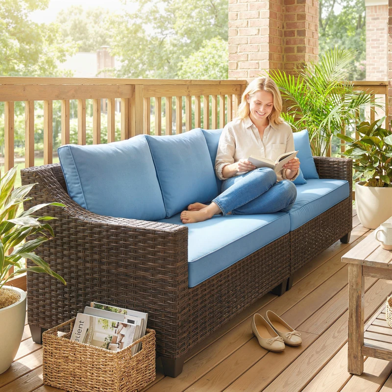 Outsunny PE Wicker Outdoor Couch Sofa, 4-Seater Modular Patio Furniture Lounge Set with 2 Loveseats, Cushions, Pillows, Blue