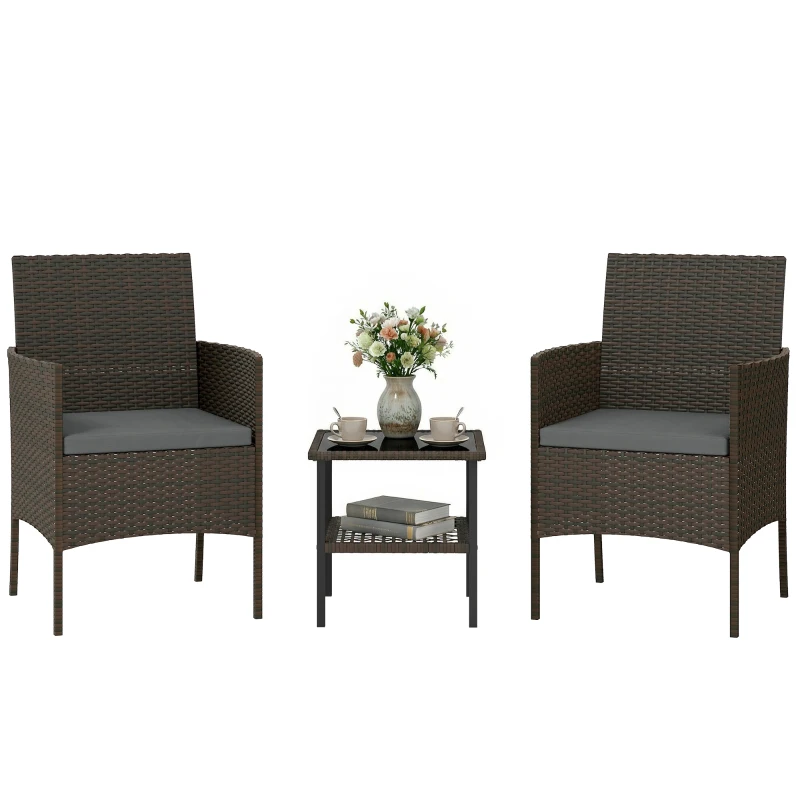 Outsunny Wicker Bistro Set, 3 Piece Patio Furniture Set with 2-Tier Glass Top Table, Cushions for Balcony, Porch, Dark Grey