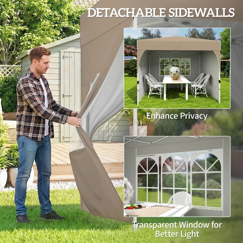 Outsunny 9.6 x 9.6 ft Pop Up Canopy Tent with 3 Sidewalls, UPF 50+ 1-Button Push Easy Setup Outdoor Instant Canopy, Khaki