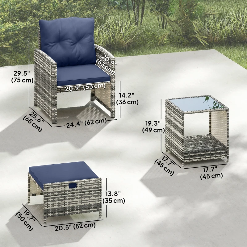 Outsunny 5 Piece Patio Furniture Set, Wicker Patio Chairs with Ottomans, 2-Tier Glass Coffee Table and Cushions, Grey/Dark Blue