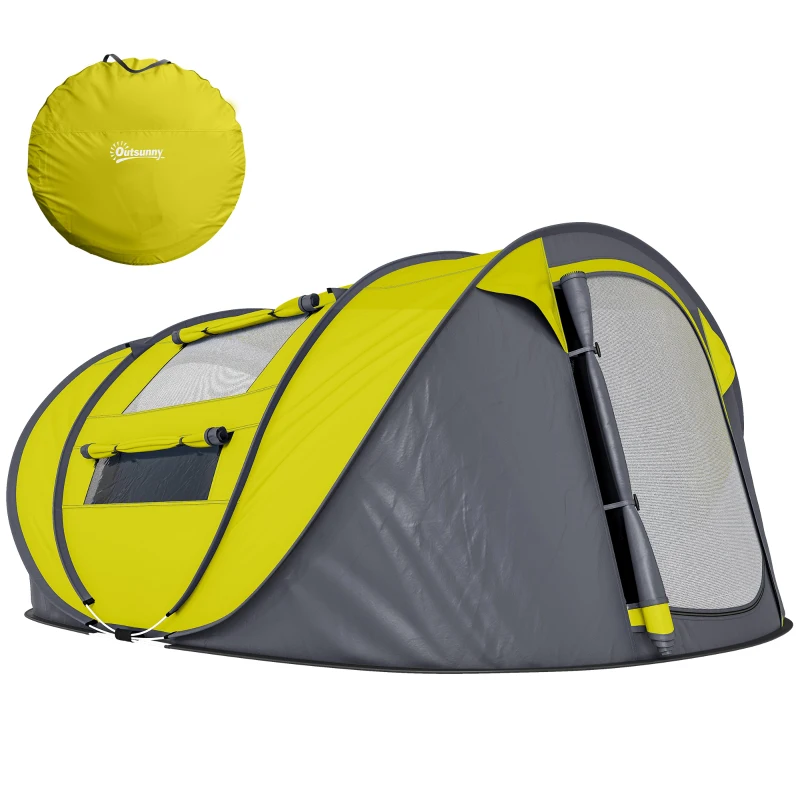 Outsunny 4 Person Camping Tent, Easy Pop Up Tent with Doors, Windows and Carry Bag, Automatic Setup Tent for Hiking, Yellow