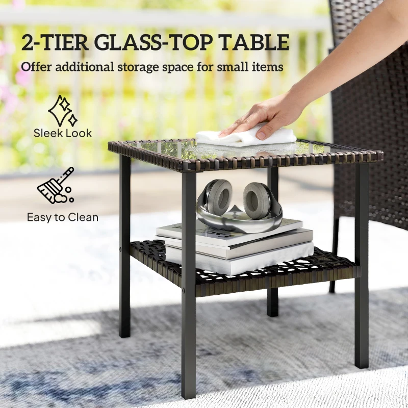 Outsunny Wicker Bistro Set, 3 Piece Patio Furniture Set with 2-Tier Glass Top Table, Cushions for Balcony, Porch, Khaki