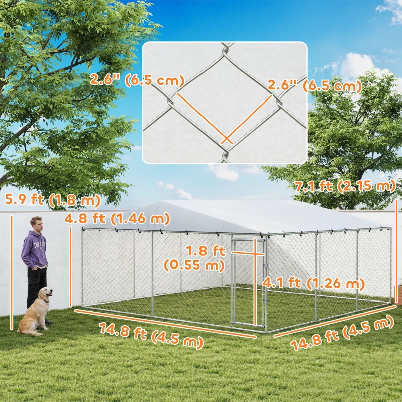 PawHut 14.8' x 14.8' x 7.1' Dog Kennel Outdoor for Small Medium Large Dogs with Waterproof Cover, Silver