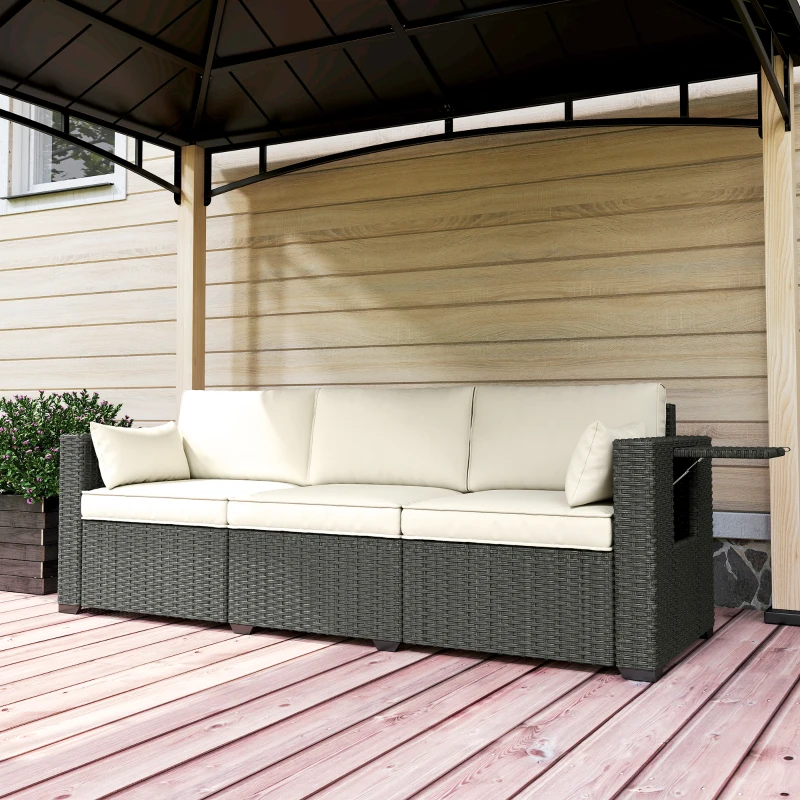 Outsunny 3 Seater Wicker Patio Sofa with Side Trays, Outdoor Couch with 6" Thick Back Cushions, Deep Seating, Cream White