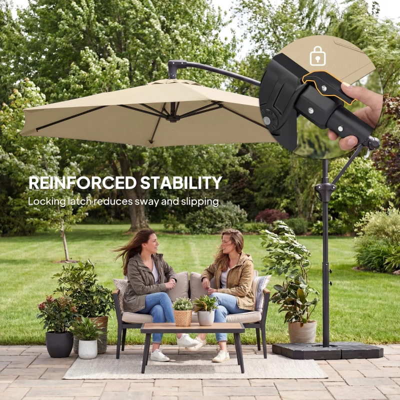 Outsunny 9.7 ft Offset Patio Umbrella with Water/Sand Fillable Weights, Garden Hanging Parasol with Locking Latch, Khaki