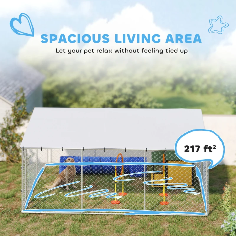 PawHut 15' x 15' x 7' Dog Kennel Outdoor for Small Medium Large Dogs with Waterproof Roof, Silver