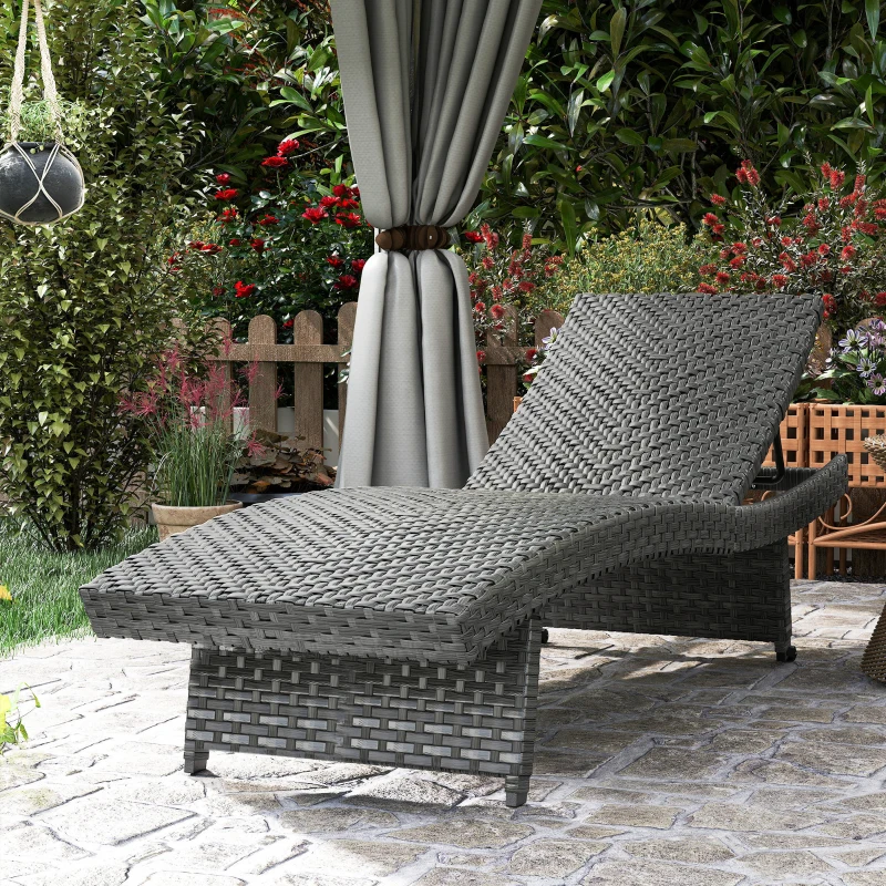 Outsunny Patio Lounger, Folding Wicker Outdoor Chaise Lounge with 4-Level Adjustable Backrest, Grey