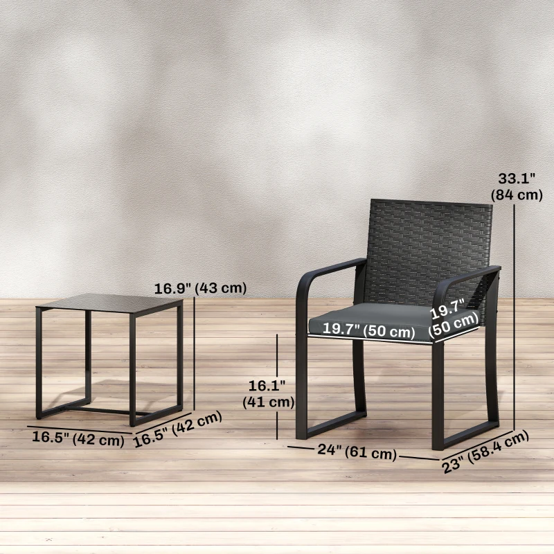 Outsunny Outdoor Bistro Set, 3 Piece Wicker Patio Furniture with Mesh Seat, Glass Table, Cushions for Porch, Balcony, Grey