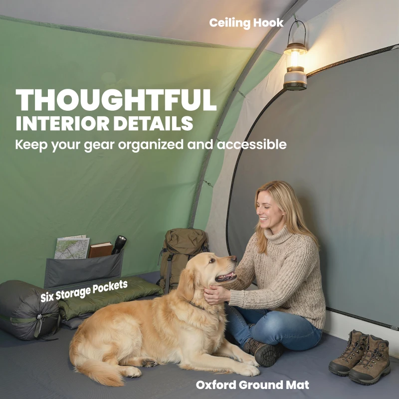 Outsunny Multi-Room Camping Tent for 2-4 Person, Easy Set up Large Family Tent with 4 Windows, Porch, Light Green