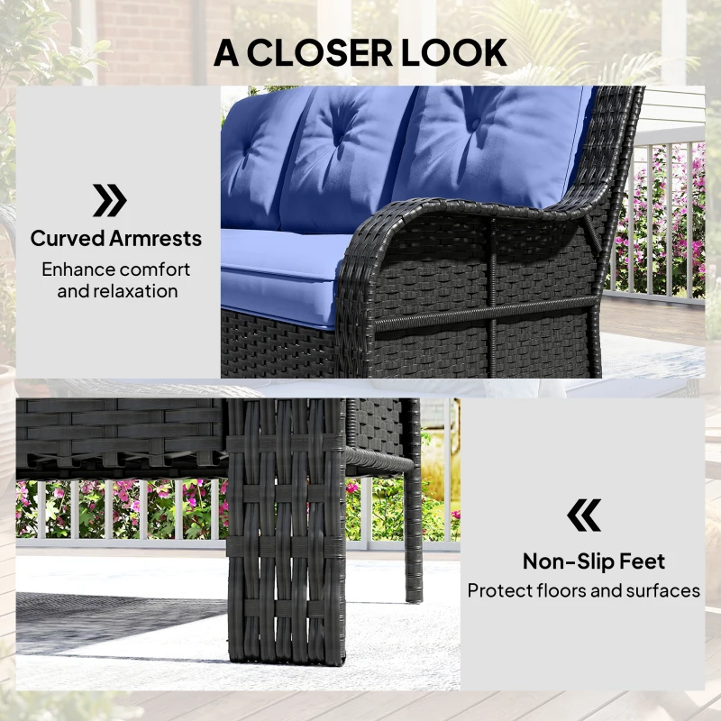 Outsunny Wicker Patio Sofa with Cushions, 3 Seater Rattan Outdoor Couch for Patio, Garden, Porch, Backyard, Deep Blue