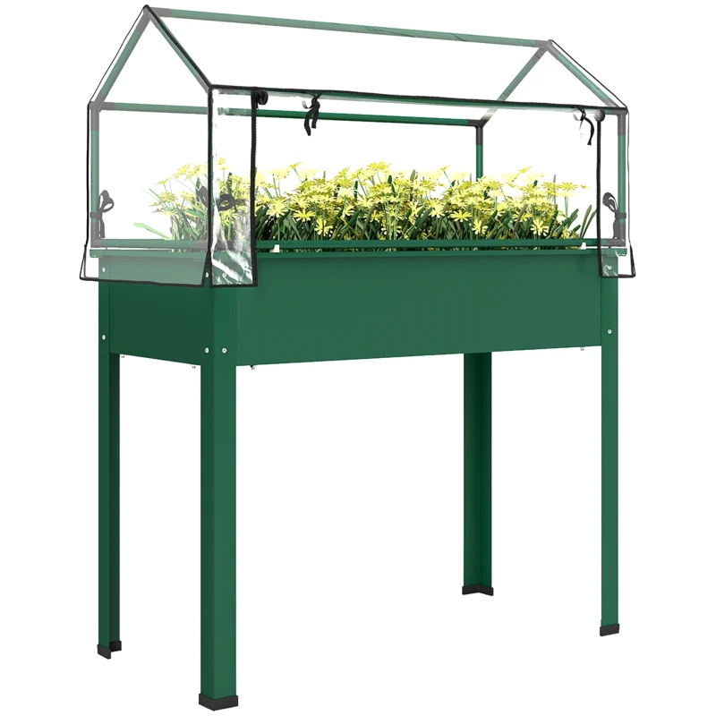 Outsunny Elevated Garden Box with Greenhouse Cover, Raised Garden Bed with Legs and Drainage Hole for Vegetables, Green