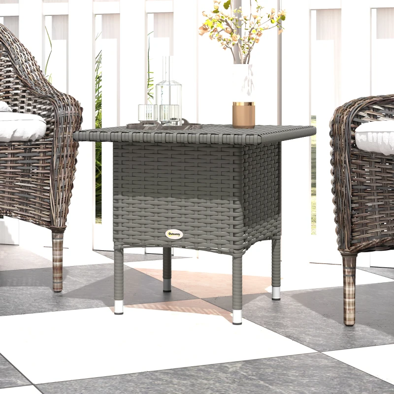 Outsunny Wicker Outdoor Side Table, 20" Square Patio End Table w/ Full Woven Top, Grey