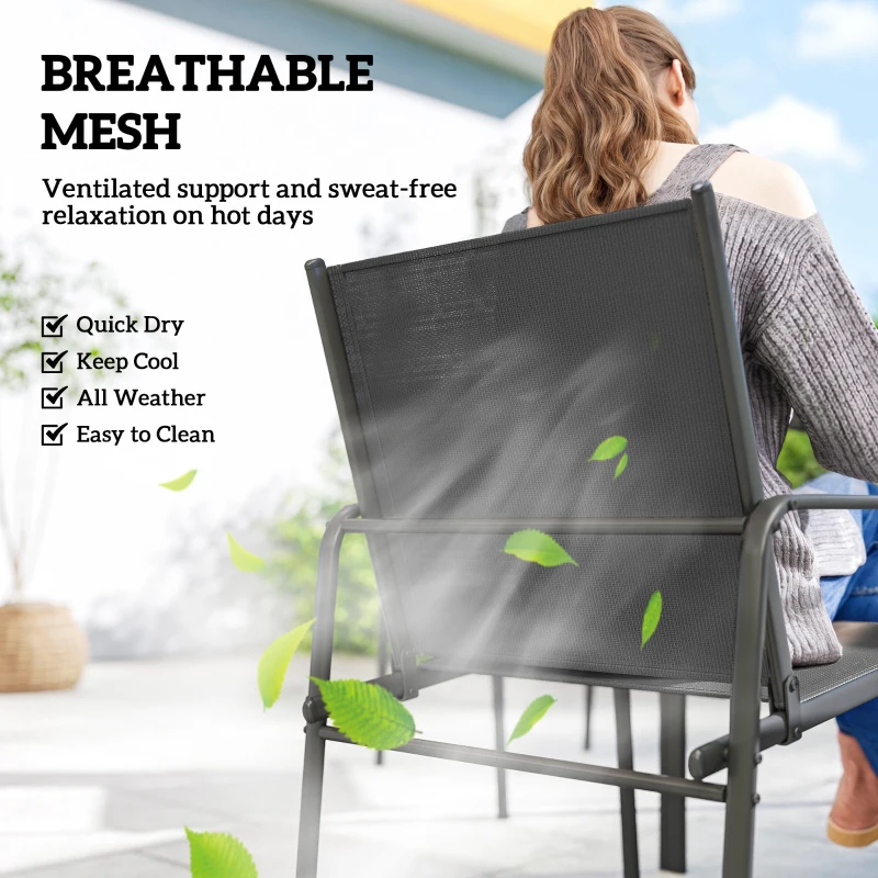 Outsunny Outdoor Dining Set for 6, Faux Wood Patio Table and Chairs with Breathable Mesh Seat, Galvanized Steel Frame, Black