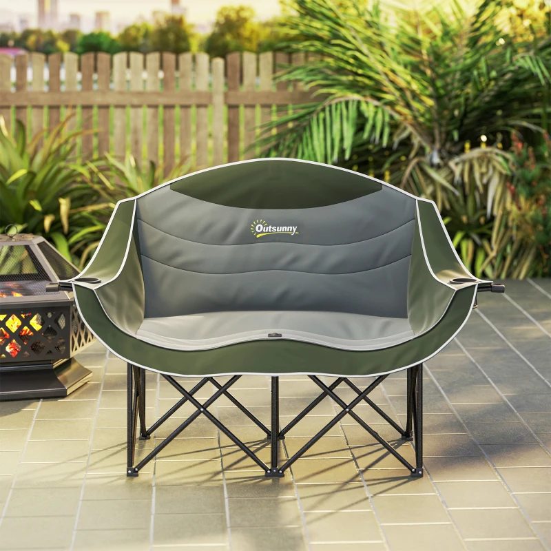 Outsunny Portable Camp Chair, Double Camping Chair with Cup Holders and Carry Bag, Support 551 lbs, Dark Green