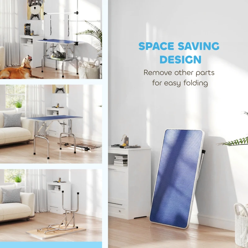 PawHut Adjustable Dog Grooming Table with 2 Safety Slings, Storage Basket, Blue