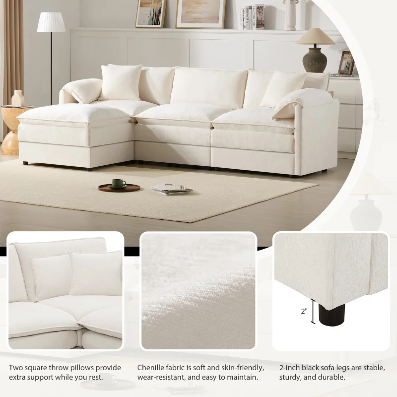 Modular Sectional Sofa with Deep Wide Seats and Cushions, L-Shaped Cloud Couch with Movable Ottoman, 103" L x 59.5" W x 33" H, White