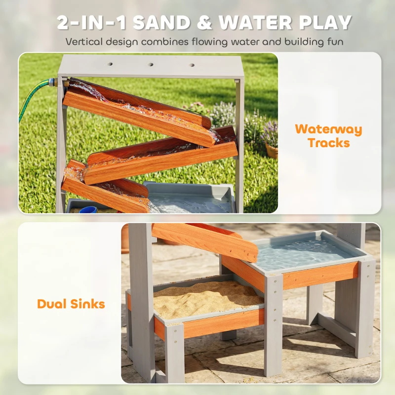 Qaba Wooden Sandbox, Kids Sand and Water Table with Waterway Track and Dual Boxes, Sensory Table for Outdoor, Grey