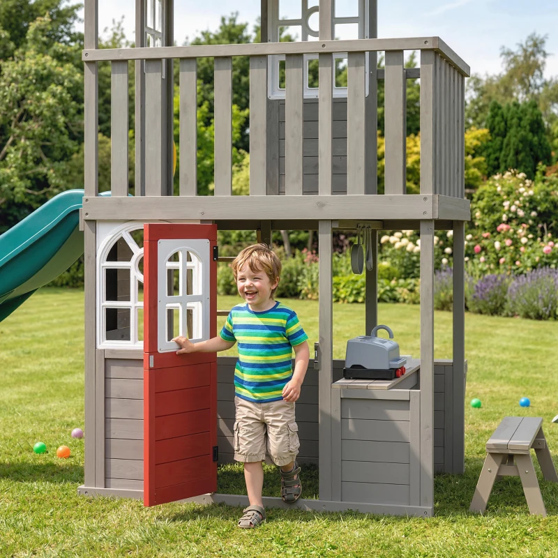Qaba Two-Story Outdoor Playhouse, Wooden Kids Playhouse with Slide, Bench, BBQ Play Kitchen, Ladder, Lookout Platform, Clock