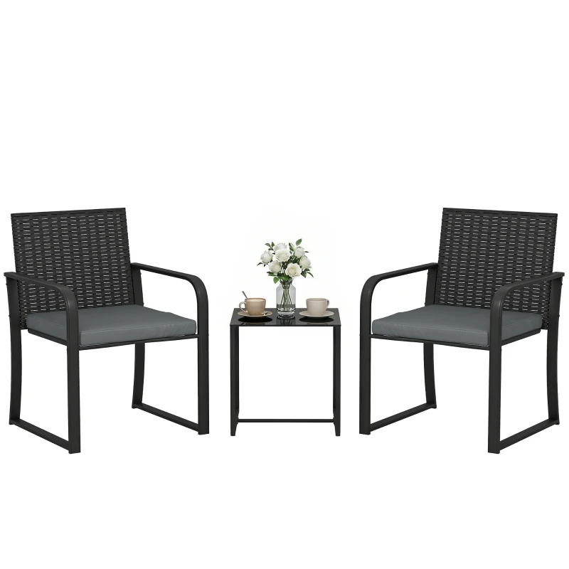 Outsunny Outdoor Bistro Set, 3 Piece Wicker Patio Furniture with Mesh Seat, Glass Table, Cushions for Porch, Balcony, Grey