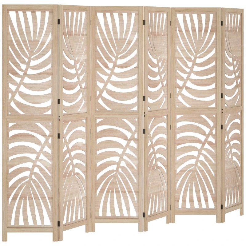 HOMCOM 6 Panel Room Divider, Detachable Folding Privacy Screens with Palm Leaf Design for Home Office, Natural Wood
