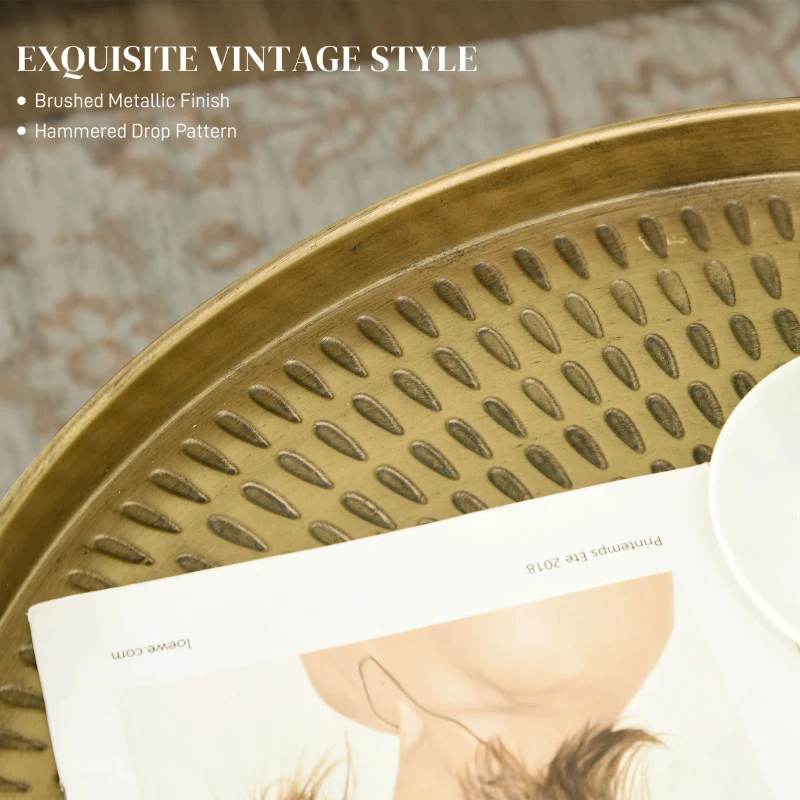 HOMCOM Vintage Coffee Table for Living Room, 24" Round Center Table with Hammered Tray Top and Metal Frame, Gold