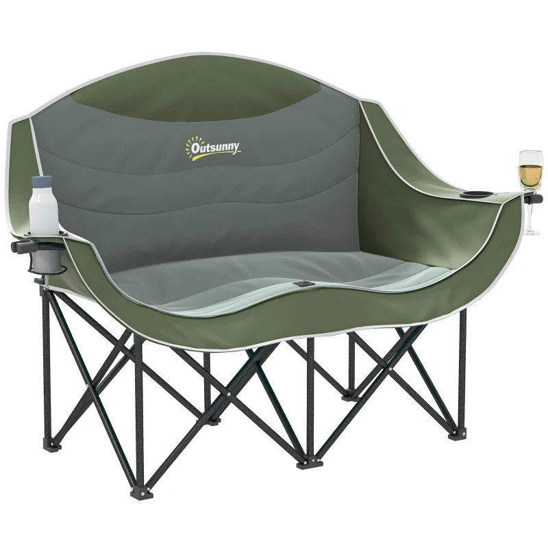 Outsunny Portable Camp Chair, Double Camping Chair with Cup Holders and Carry Bag, Support 551 lbs, Dark Green