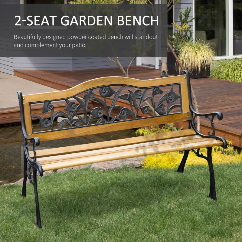 Outsunny 50" 2-Seater Garden Bench Chair, Loveseat for Yard, Lawn, Porch, Patio, Cast Iron/ Wooded, Natural
