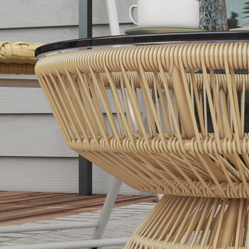 Outsunny Rattan Outdoor Coffee Table, Patio End Table with Tempered Glass Tabletop & Steel Frame, Wicker Furniture, Nature Wood
