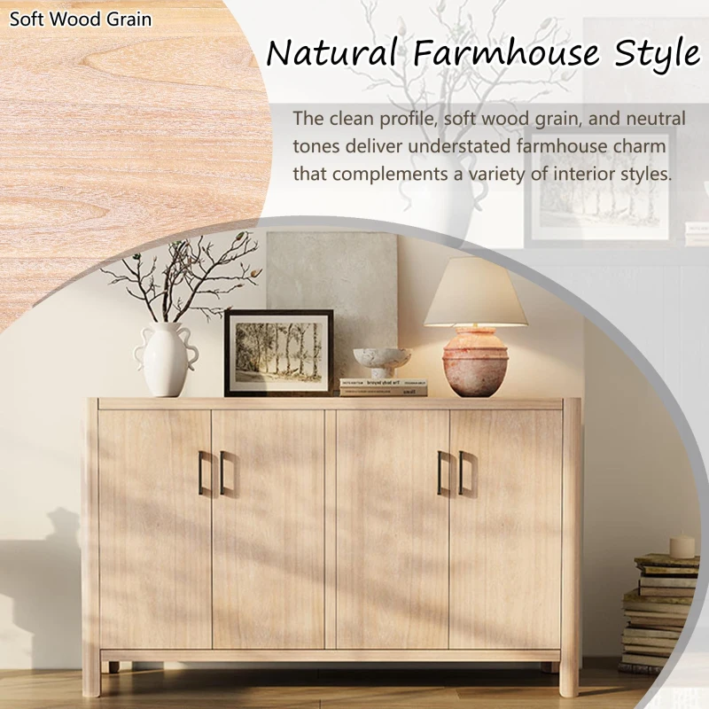 Farmhouse Storage Cabinet with Wood Veneer and Solid Pine Legs, Rustic Accent Sideboard for Entryways, 59" L x 18" W x 36" H, Natural