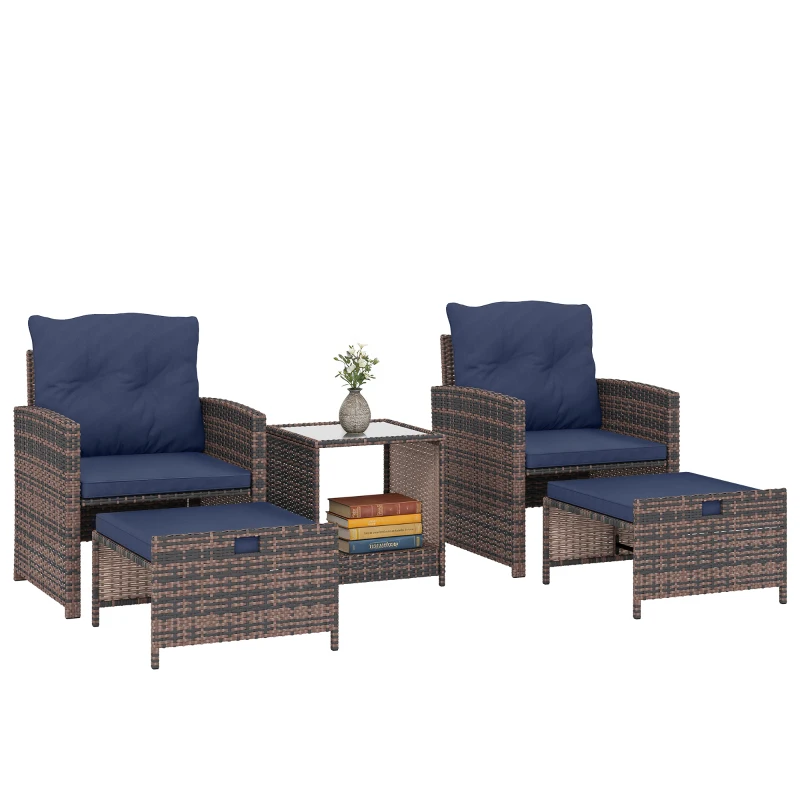 Outsunny 5 Piece Patio Furniture Set, Wicker Patio Chairs with Ottomans, 2-Tier Glass Coffee Table and Cushions, Brown/Dark Blue