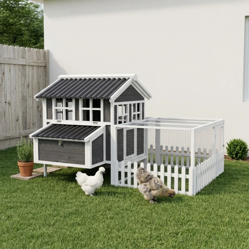 PawHut Wooden Chicken Coop with Run for 1-2 Chickens, 68" x 59" x 42"(m-10)