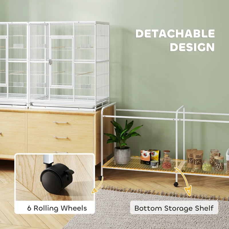 PawHut 64" Large Rolling Bird Cage Bird House with Detachable Rolling Stand, Storage Shelf, Wood Perch Food Container, White