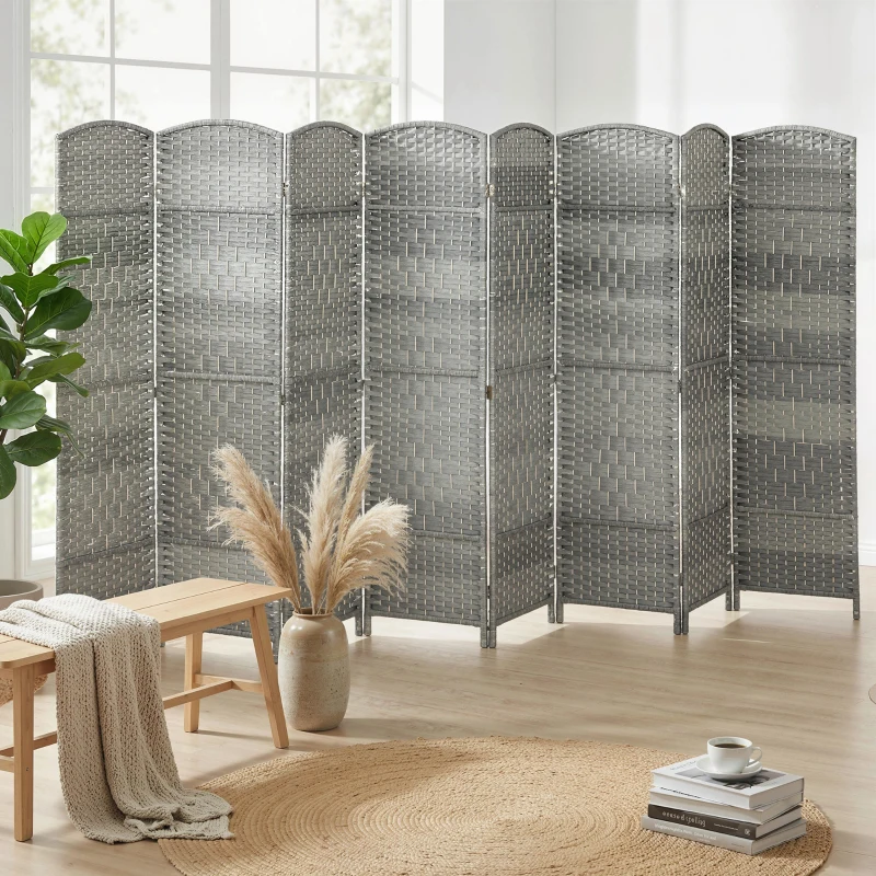 HOMCOM 6 Ft Tall Folding Room Divider, 8 Panel Portable Privacy Screen, Hand-Woven Partition Wall Divider, Mixed Grey
