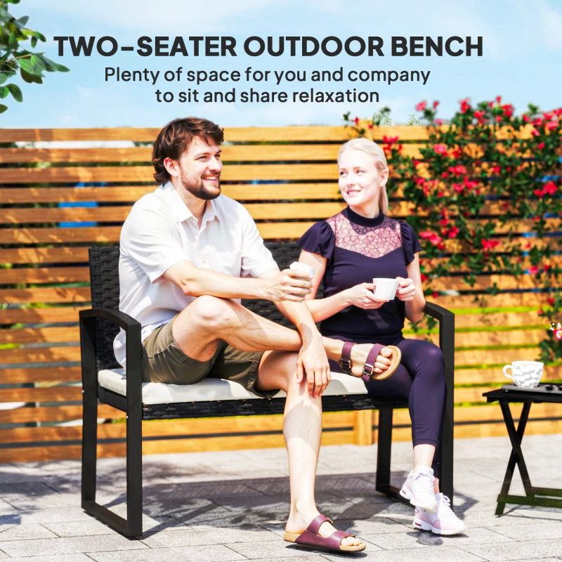 Outsunny 2 Seater Outdoor Bench, Rattan Garden Bench Loveseat with Cushion, Armrests, Steel Frame for Patio, Porch, Beige