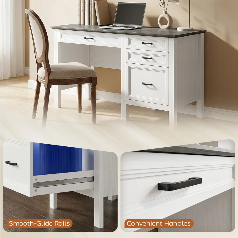 HOMCOM 54" Farmhouse Executive Desk, Computer Desk with Drawers, Adjustable Hanging Rails for for A4/Letter Size Files, White