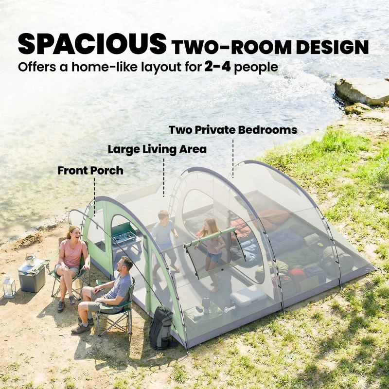 Outsunny Multi-Room Camping Tent for 2-4 Person, Easy Set up Large Family Tent with 4 Windows, Porch, Light Green