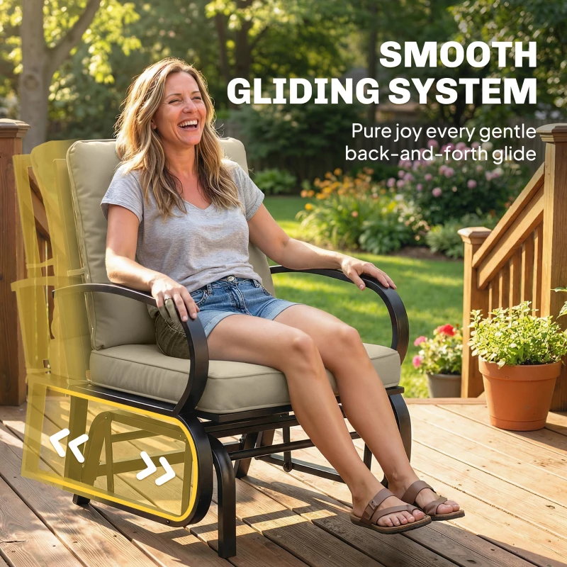 Outsunny Patio Glider, Outdoor Glider Chair with Cushions, Steel Frame, Curved Armrests, Beige