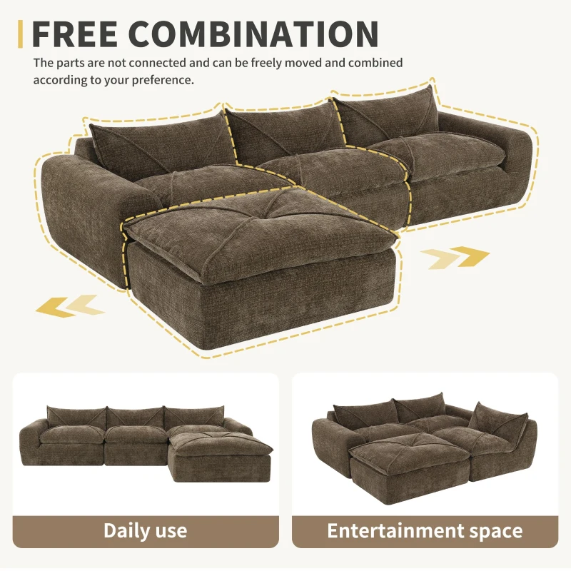 Modular Sectional Sofa with High-Density Foam and Pocket Springs, Oversized Compressed Sofa for Living Room, 116" L x 72" W x 28" H, Brown