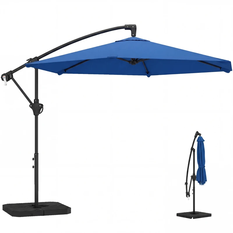 Outsunny 9.7 ft Offset Patio Umbrella with Water/Sand Fillable Weights, Garden Hanging Parasol with Locking Latch, Navy Blue