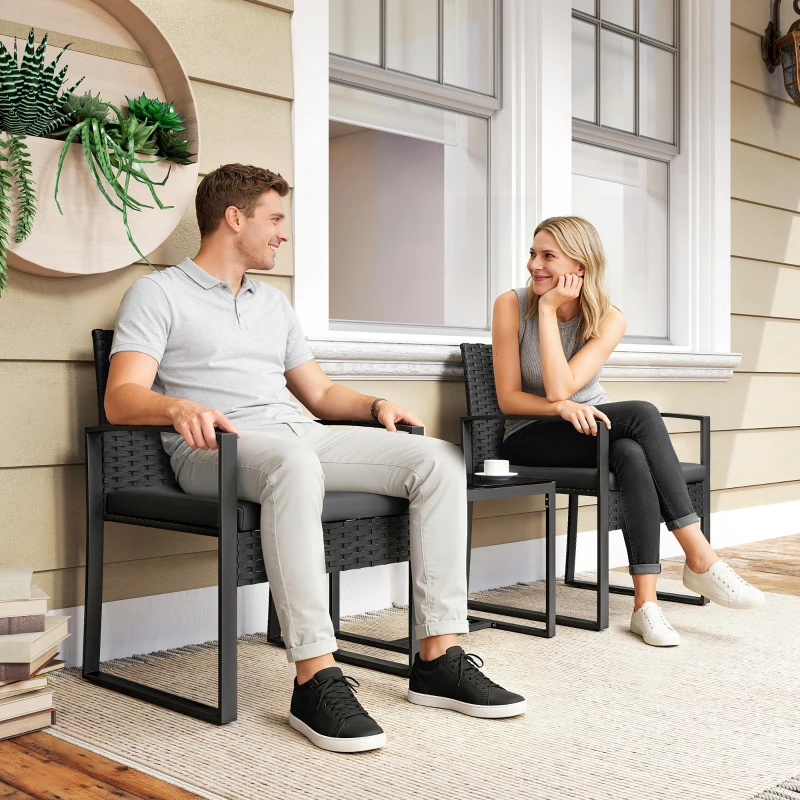 Outsunny Outdoor Bistro Set, 3 Piece Wicker Patio Furniture Set with Glass Top Table and Cushions for Porch, Balcony, Black