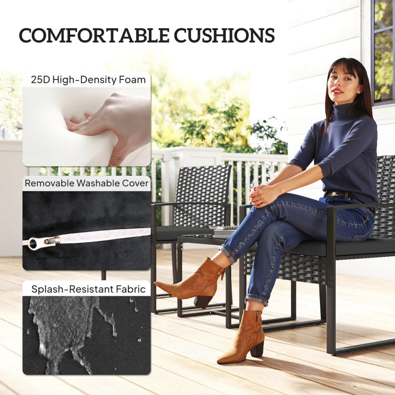 Outsunny Outdoor Bistro Set, 3 Piece Wicker Patio Furniture Set with Glass Top Table and Cushions for Porch, Balcony, Black