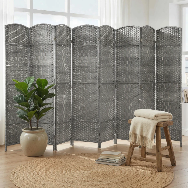 HOMCOM 6 Ft Tall Folding Room Divider, 8 Panel Portable Privacy Screen, Hand-Woven Partition Wall Divider, Mixed Grey
