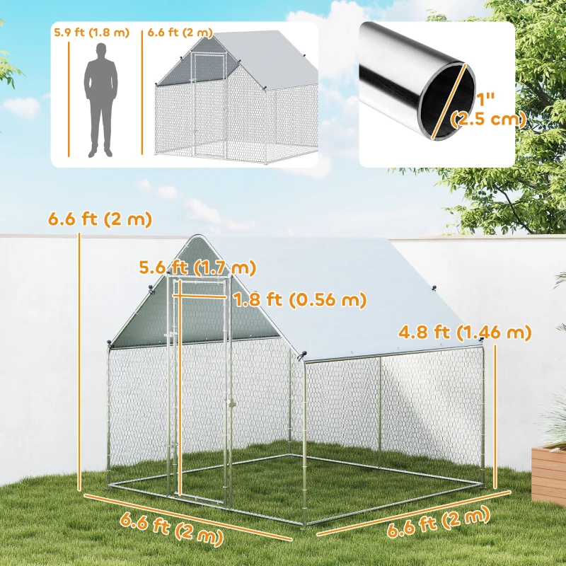 PawHut Metal Chicken Coop with Water- and UV-Protection Cover for Backyard Hen, Duck, Rabbit, 6.6' x 6.6' x 6.6'