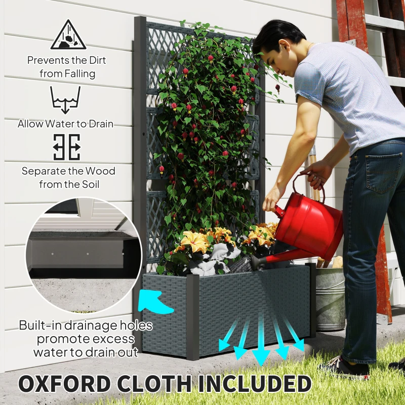 Outsunny Wicker Outdoor Planter with Trellis, 58" Standing Garden Bed with Liner, Drainage Holes for Climbing Plants, Dark Grey