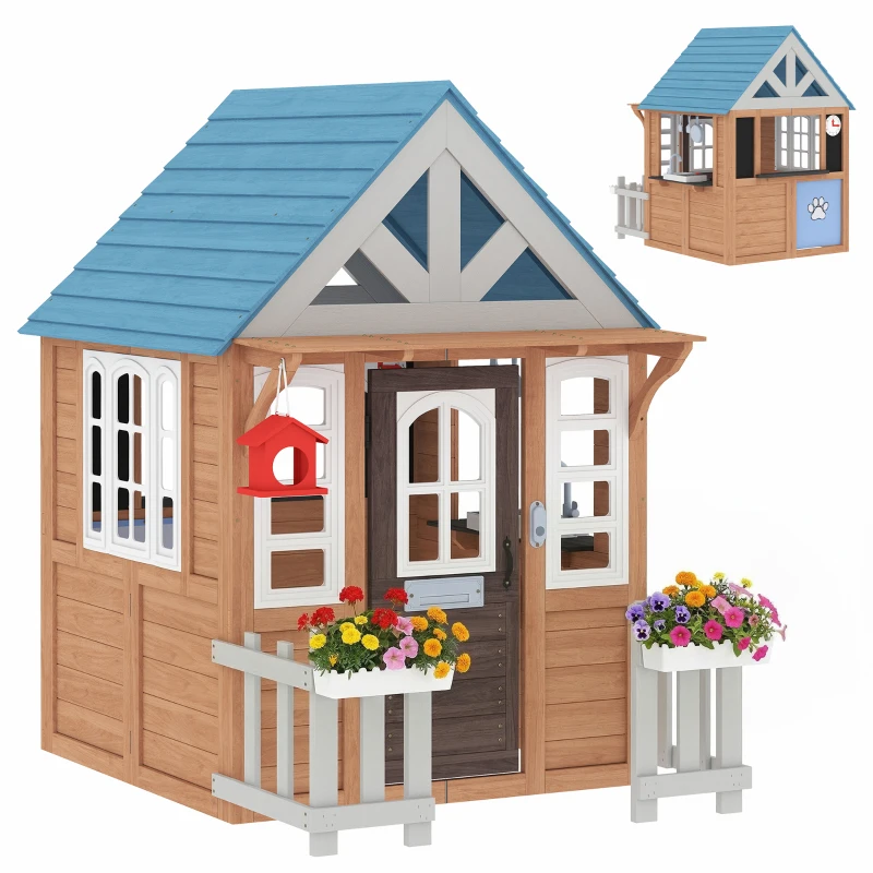 Qaba Wooden Kids Playhouse with Pet Door, Play Kitchen, Mailbox, Doorbell, Birdhouse, Fence and Windows for Pretend Play
