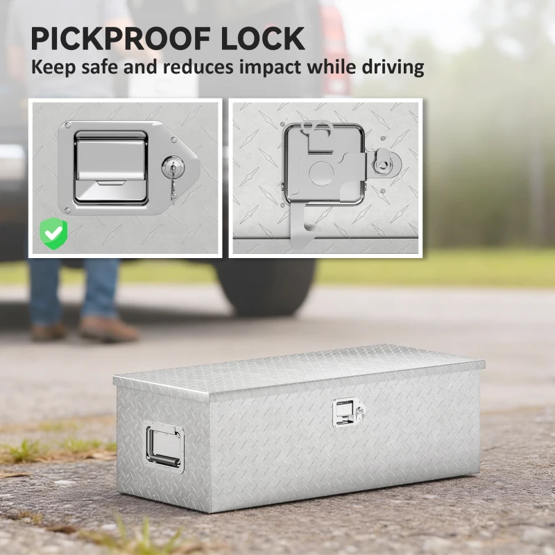 HOMCOM 30 Inch Truck Bed Tool Box, Heavy Duty Aluminum Diamond Plate Trailer Tongue Box with Side Handle and Locks Keys