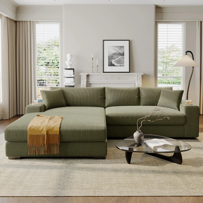 Large Corner Sectional Sofa with Extra-Thick Cushions, Comfortable Upholstered Couch for Living Room, 111.5" L x 59" W x 32" H, Green