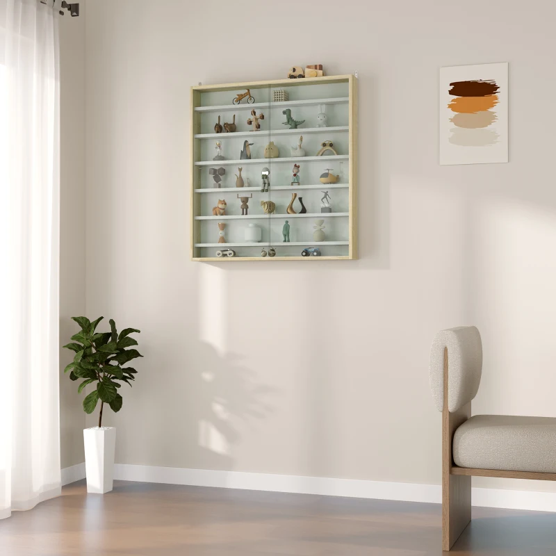 HOMCOM 7-Tier Display Cabinet, Shot Glass Display Case, Glass Curio Cabinet with 2 Glass Doors, Oak and White