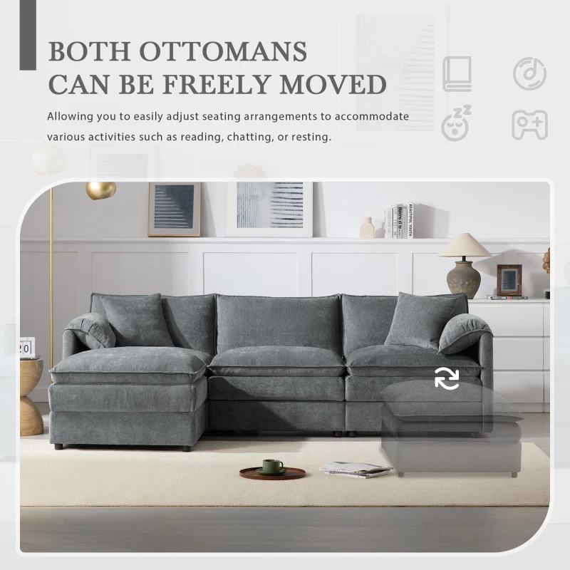 Modular Sectional Sofa with Deep Wide Seats and Cushions, L-Shaped Cloud Couch with Movable Ottoman, 103" L x 59.5" W x 33" H, Dark Gray