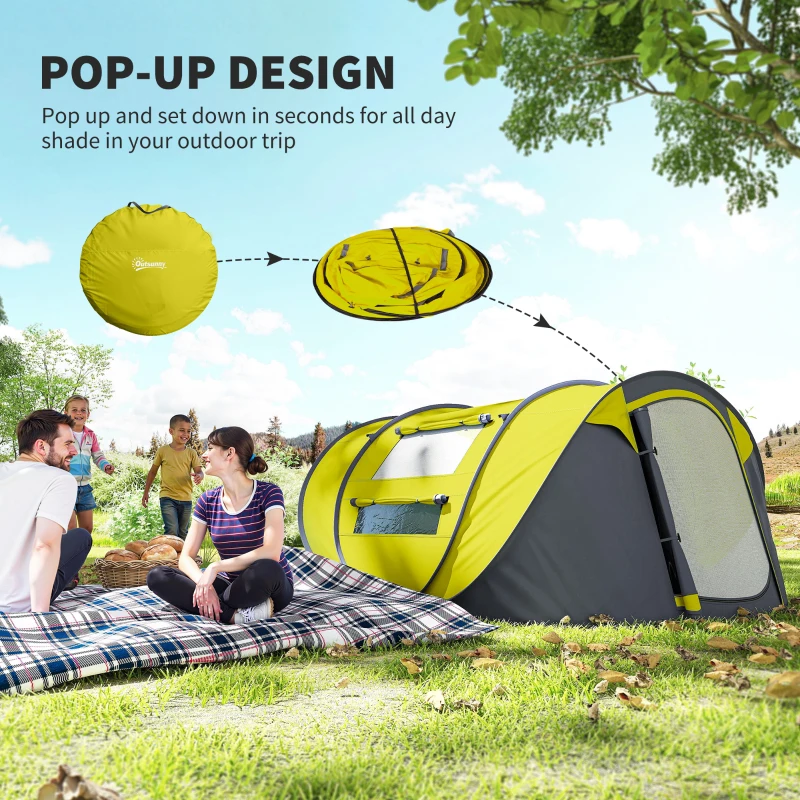Outsunny 4 Person Camping Tent, Easy Pop Up Tent with Doors, Windows and Carry Bag, Automatic Setup Tent for Hiking, Yellow